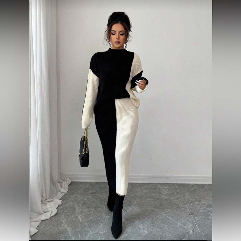 48- NEW Women’s Colorblock Vintage‎ Crew Neck Sweater Top And Skirt Set